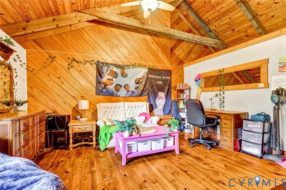 8328 Peaks Road, Hanover, VA 23069 Vaulted wood-finish ceiling with exposed beams, wood-finish flooring, and wood-paneled walls