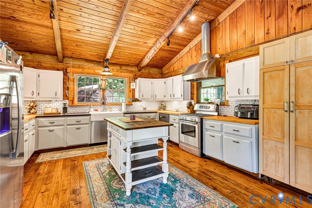 8328 Peaks Road, Hanover, VA 23069 Vaulted wood-paneled ceiling, wood-finish flooring, white cabinetry, farmhouse sink, and stainless steel appliances