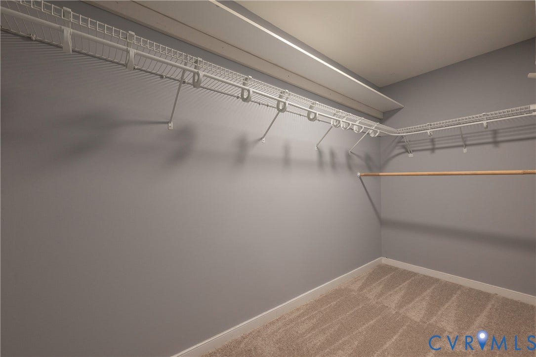 Primary Bedroom with Walk-in closet with wire shelving, integrated hanging rods, and neutral-toned carpeting