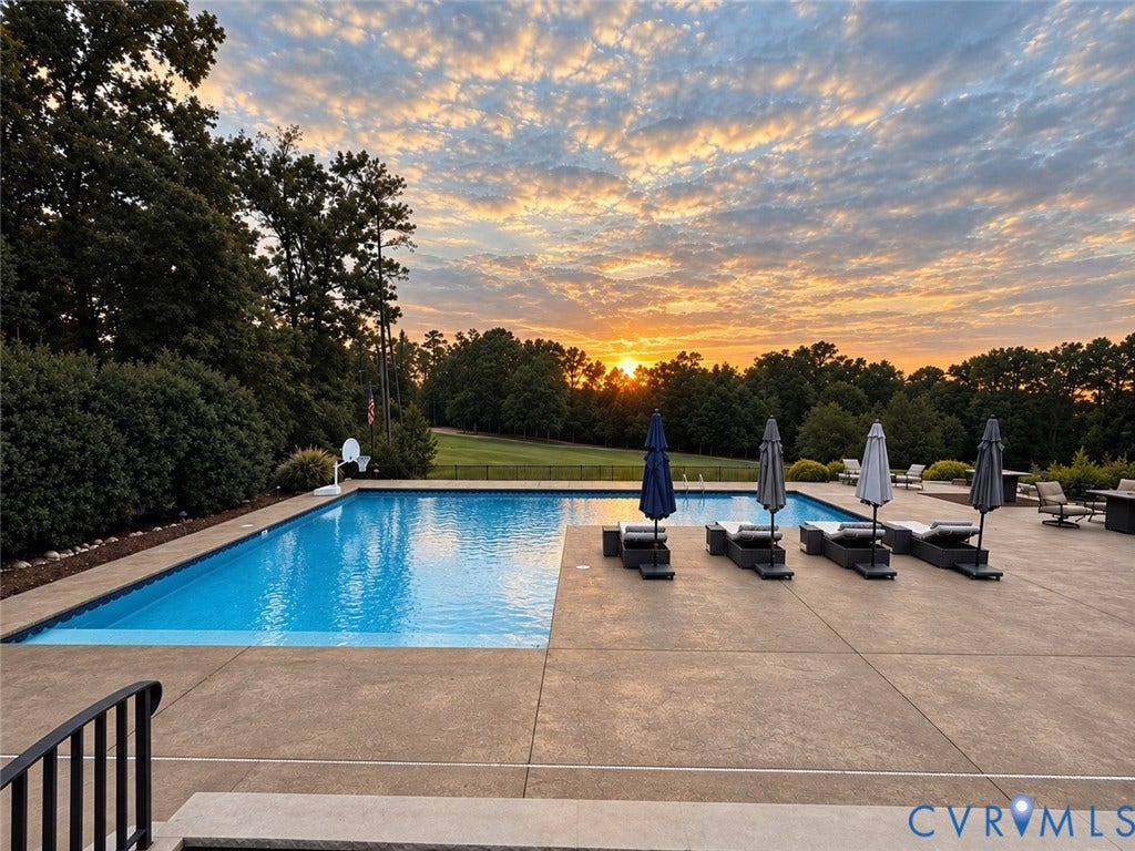 7750 Rock Cress Place, Chesterfield, VA 23120 Expansive outdoor concrete patio with a rectangular swimming pool, bordered by mature trees and shrubs