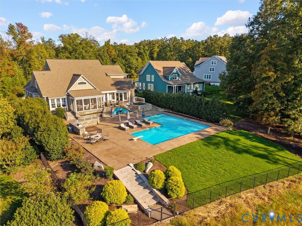 7750 Rock Cress Place, Chesterfield, VA 23120 Backyard oasis featuring an in-ground pool, stone-veneer outdoor kitchen, paved patio, screened porch, and expansive lawn