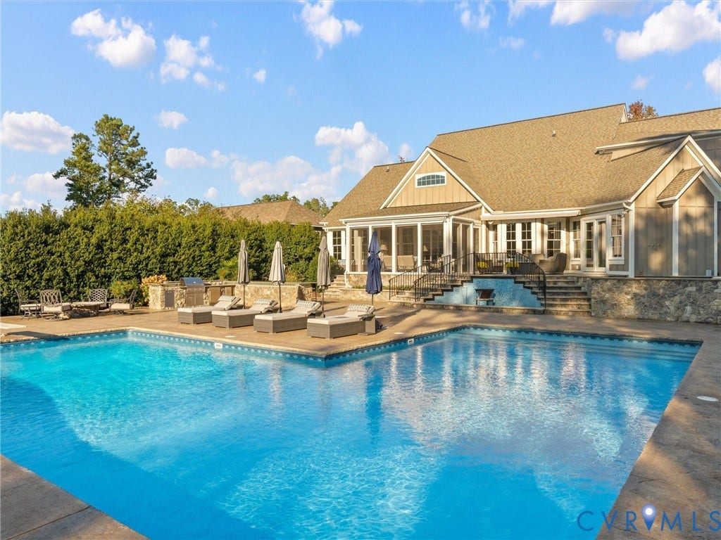 7750 Rock Cress Place, Chesterfield, VA 23120 In-ground swimming pool featuring a concrete patio, stone retaining walls, built-in outdoor kitchen, and screened-in porch with iron railings