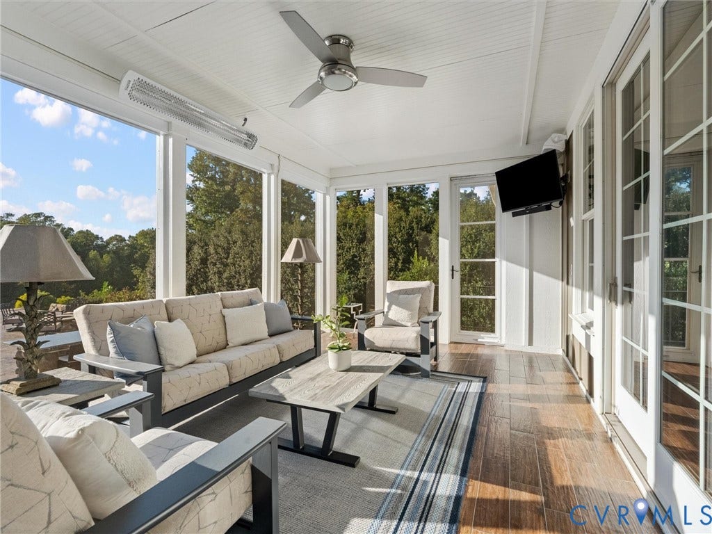 7750 Rock Cress Place, Chesterfield, VA 23120 Enclosed porch featuring wood-finish flooring, beadboard ceiling, ceiling fan, wall-mounted heater, and large paneled windows
