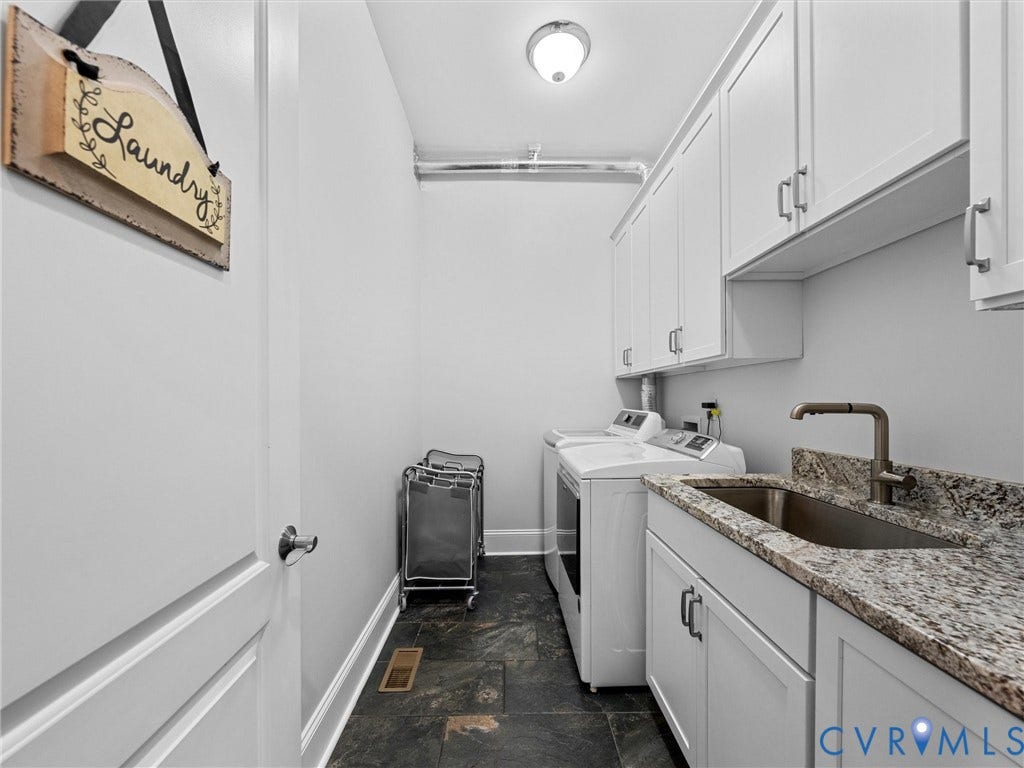 7750 Rock Cress Place, Chesterfield, VA 23120 Utility room featuring white shaker-style cabinetry, stone-surface countertop, stainless steel undermount sink, and dark slate-finish tile flooring
