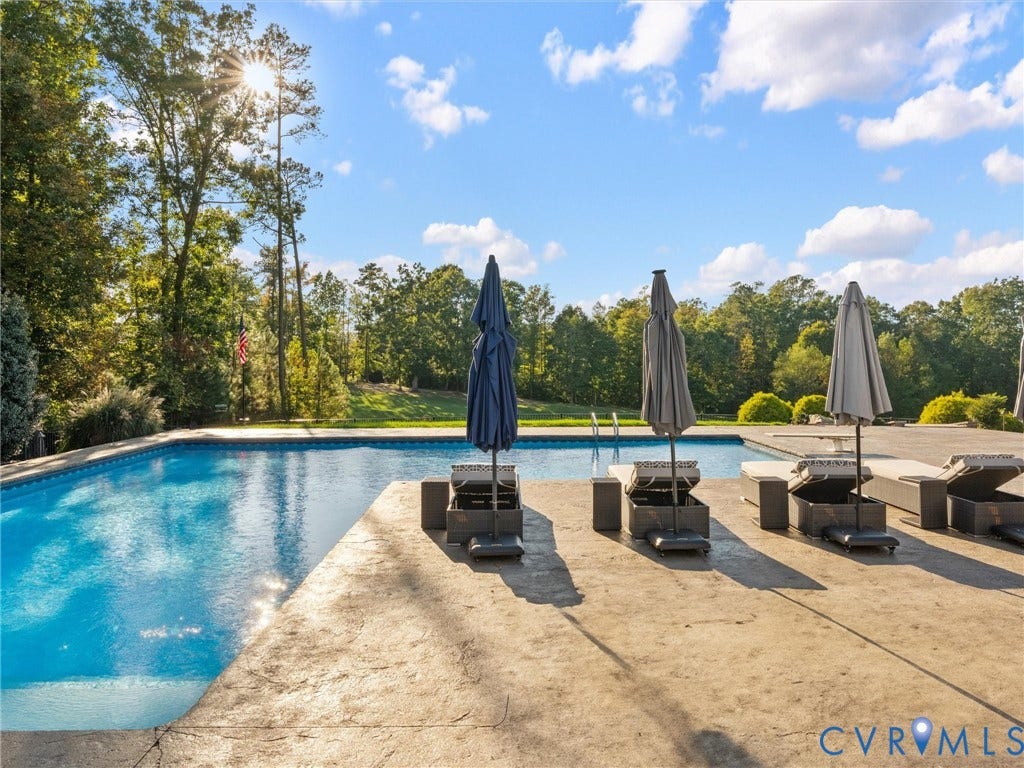 7750 Rock Cress Place, Chesterfield, VA 23120 Inground swimming pool featuring a concrete surround and diving board set against a backdrop of mature trees