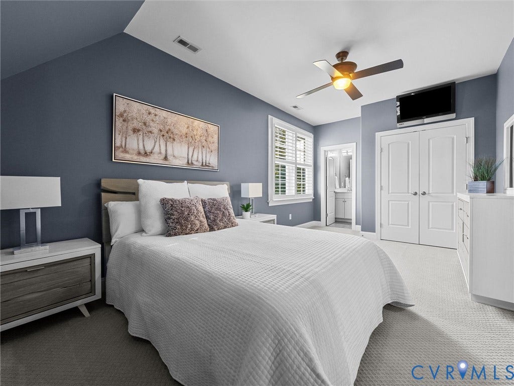 7750 Rock Cress Place, Chesterfield, VA 23120 Vaulted ceilings, neutral carpeting, double-door closet, multi-pane window with plantation shutters, and a ceiling fan with light fixture