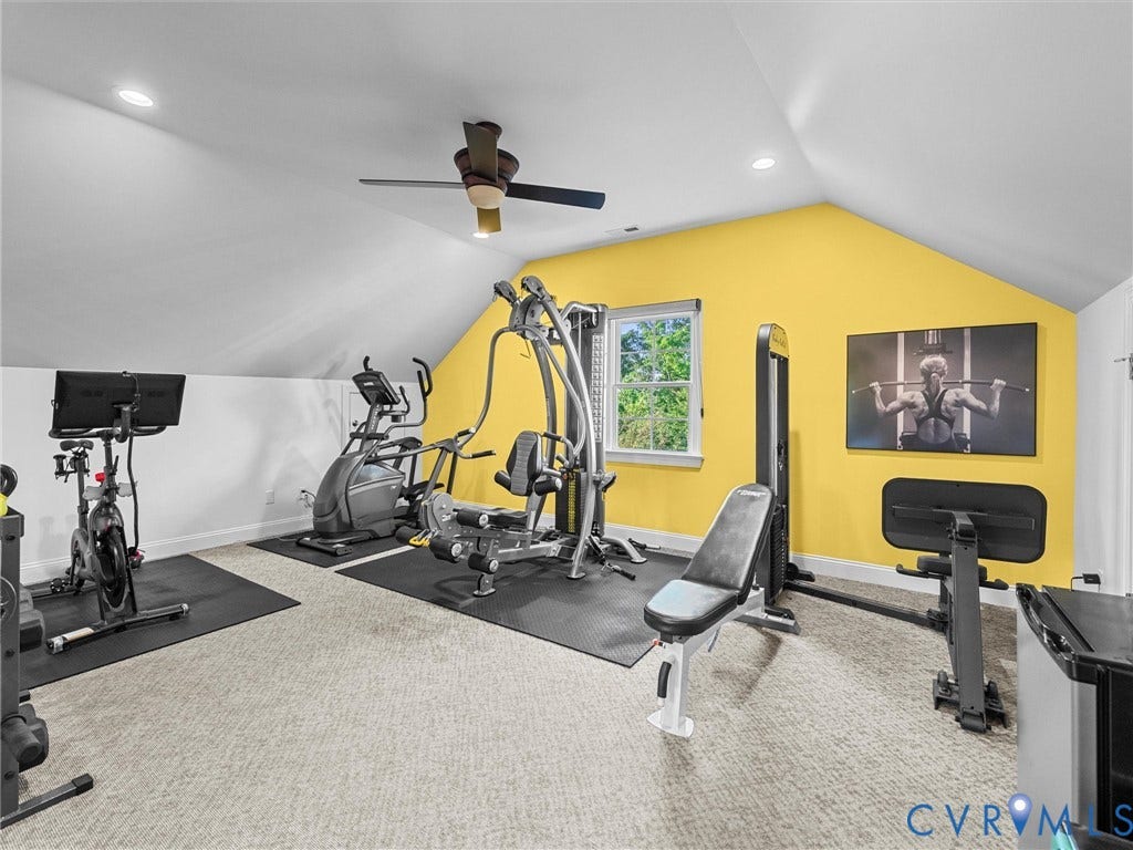 7750 Rock Cress Place, Chesterfield, VA 23120 Versatile bonus space featuring vaulted ceilings, recessed lighting, a ceiling fan, and neutral carpeting