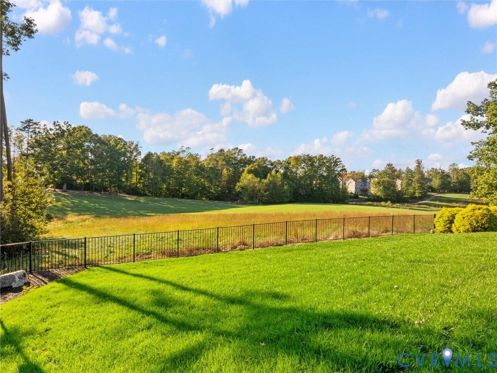 7750 Rock Cress Place, Chesterfield, VA 23120 Expansive backyard featuring a manicured lawn, perimeter metal fencing, and mature perimeter trees