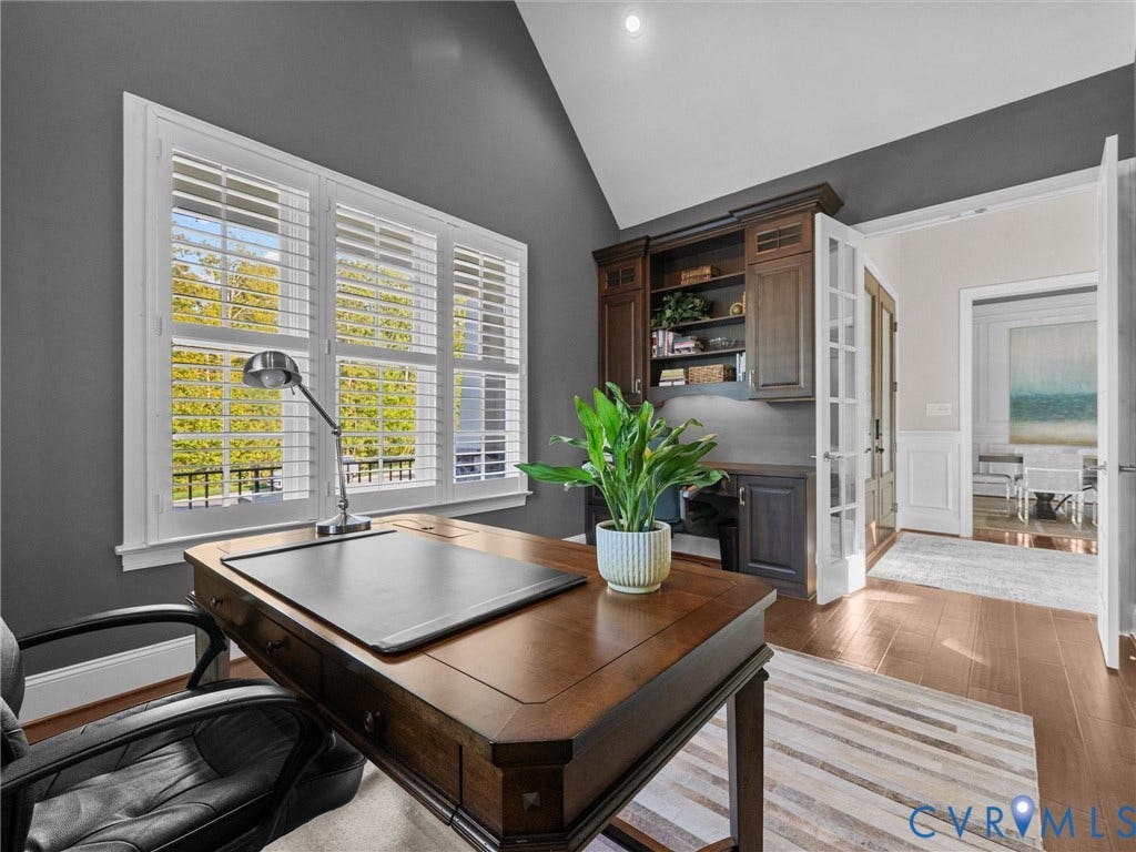 7750 Rock Cress Place, Chesterfield, VA 23120 Vaulted ceilings, built-in wooden cabinetry, plantation shutters, French doors, and wood-finish flooring