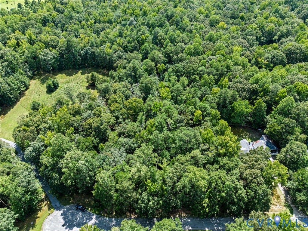 Expansive wooded landscape with a partially cleared land area, featuring a residential structure partially visible amidst the trees