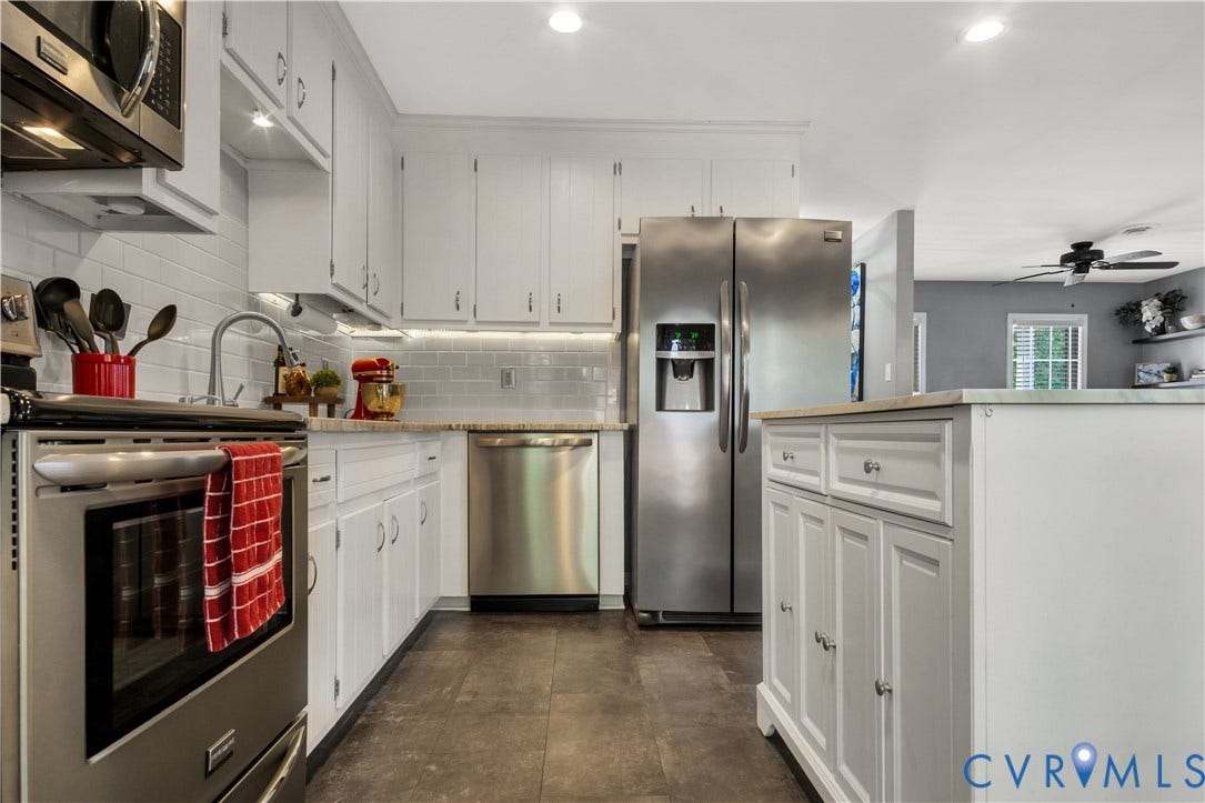 2724 Glen Point Circle, Henrico, VA 23233 White cabinetry with hardware, wood-finish flooring, stainless steel appliances, and a white subway tile backsplash