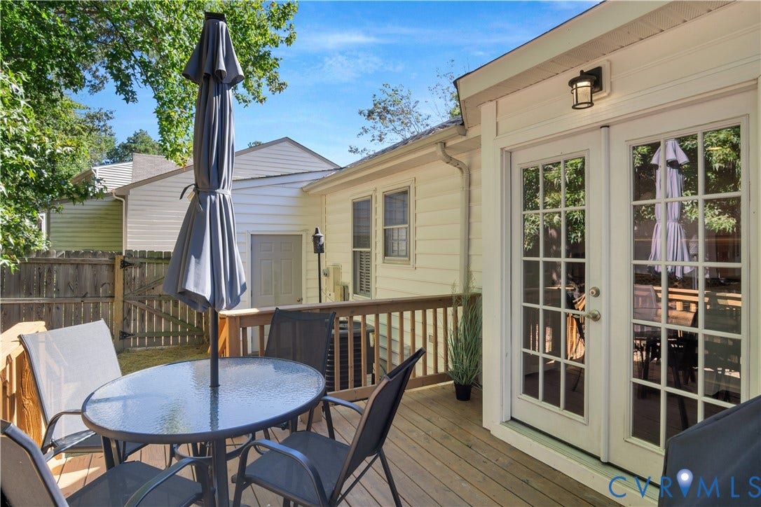2724 Glen Point Circle, Henrico, VA 23233 Exterior wood deck featuring white French doors with grid-patterned glass, a wood railing, and an exterior wall light fixture