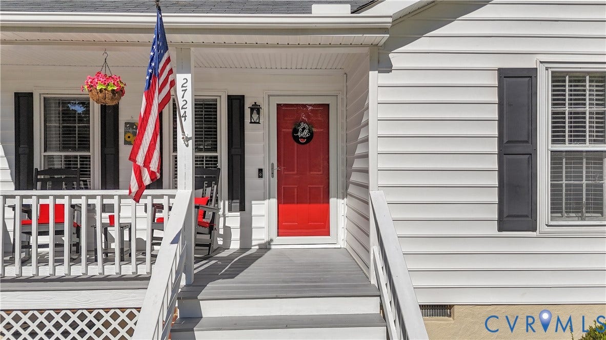 2724 Glen Point Circle, Henrico, VA 23233 White siding exterior with black window shutters and a vibrant red entry door