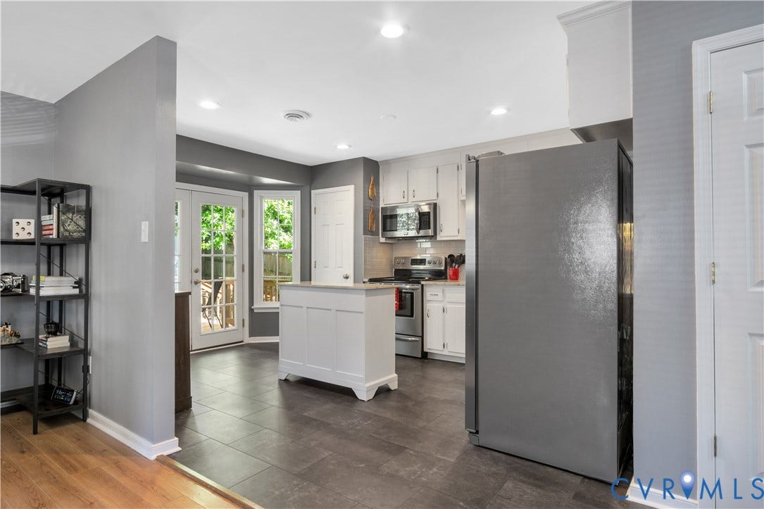 2724 Glen Point Circle, Henrico, VA 23233 Kitchen featuring recessed lighting, white cabinetry, stainless steel appliances, a center island, and direct access to an outdoor area via French doors