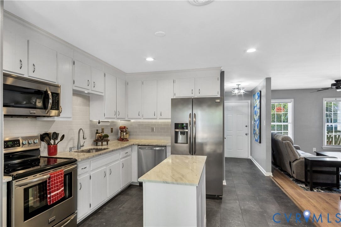 2724 Glen Point Circle, Henrico, VA 23233 Kitchen featuring white cabinetry, stainless steel appliances, a center island, light-toned countertops, and dark tile flooring