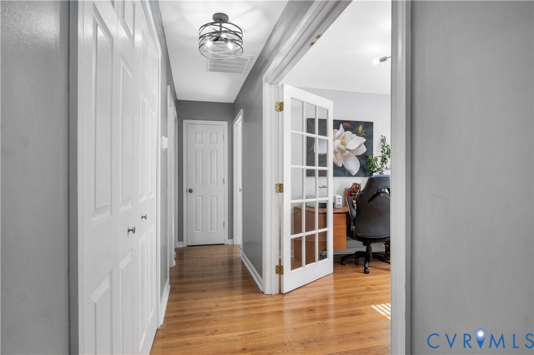 2724 Glen Point Circle, Henrico, VA 23233 Hallway with wood-finish flooring, white panel doors, and a semi-flush mount ceiling light