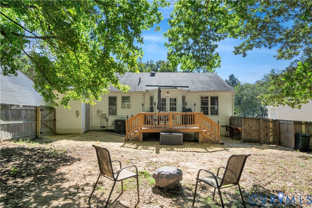 2724 Glen Point Circle, Henrico, VA 23233 Rear exterior featuring a wooden deck with railing, white siding, and a fenced perimeter