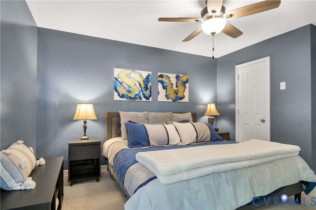 2724 Glen Point Circle, Henrico, VA 23233 Recessed lighting, ceiling fan, neutral carpet, and white paneled door