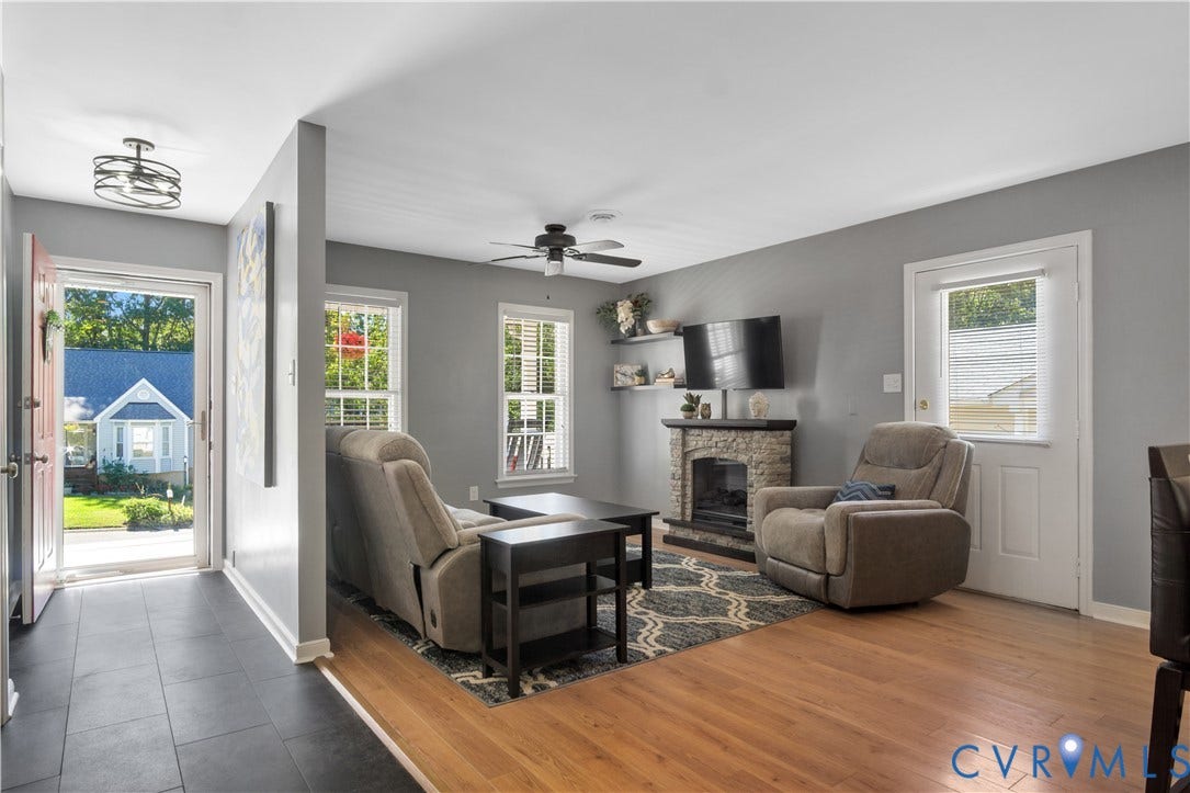 2724 Glen Point Circle, Henrico, VA 23233 Living area featuring a stone-clad fireplace, wood-finish flooring, and multiple windows