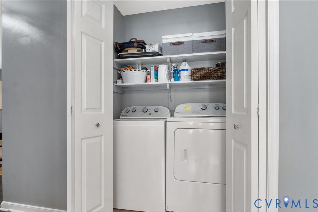 2724 Glen Point Circle, Henrico, VA 23233 Laundry closet with bi-fold paneled doors, stacked shelving, and light gray wall paint