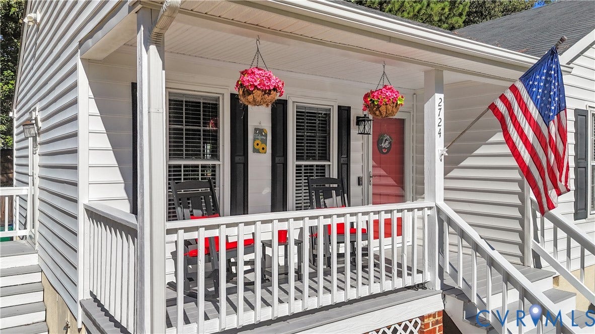 2724 Glen Point Circle, Henrico, VA 23233 Covered front porch with white siding, black shutters, and red entry door