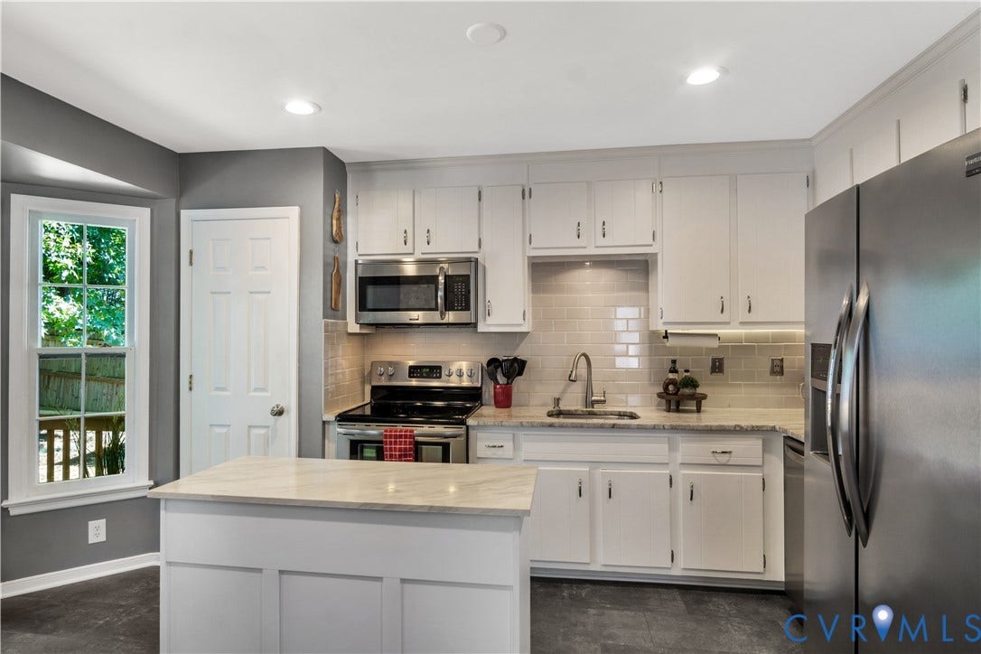 2724 Glen Point Circle, Henrico, VA 23233 Kitchen featuring white cabinetry, stainless steel appliances, subway tile backsplash, recessed lighting, and a center island with a light-colored countertop