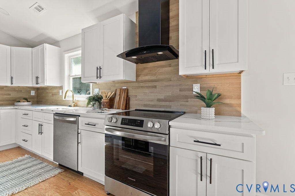 White cabinetry with black hardware, wood-finish backsplash, stainless steel appliances, and a gold-tone faucet