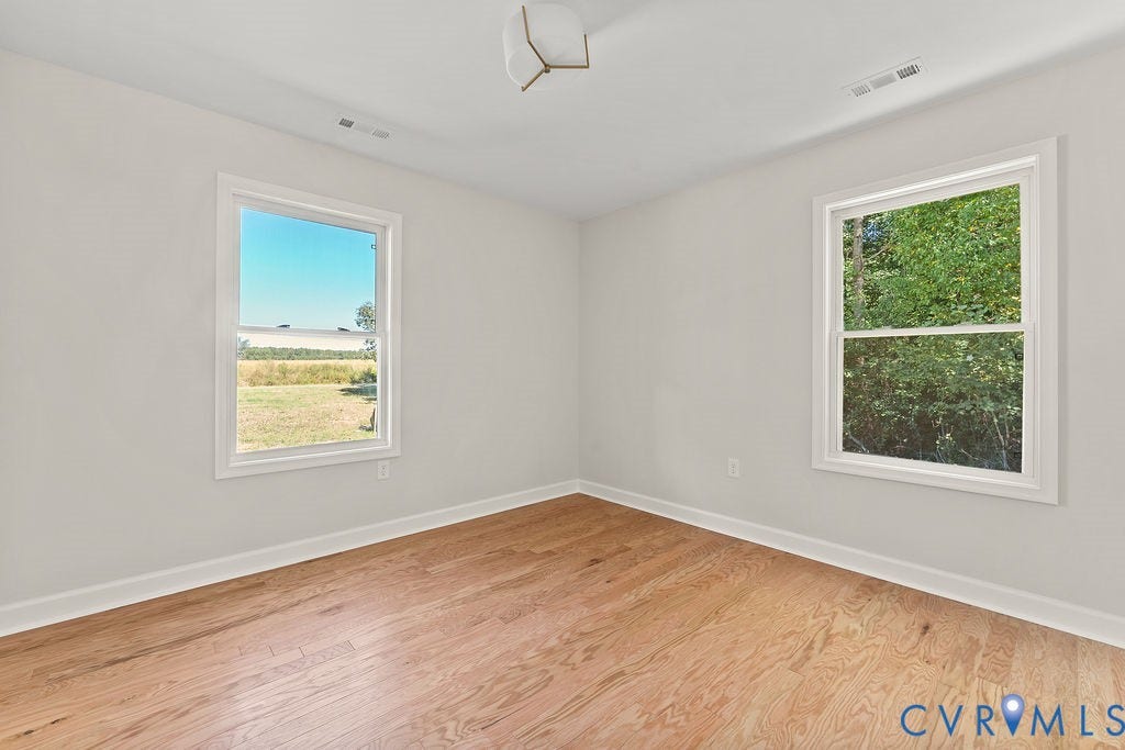 Light wood-finish flooring, white walls, two white-trimmed windows, and a ceiling-mounted light fixture