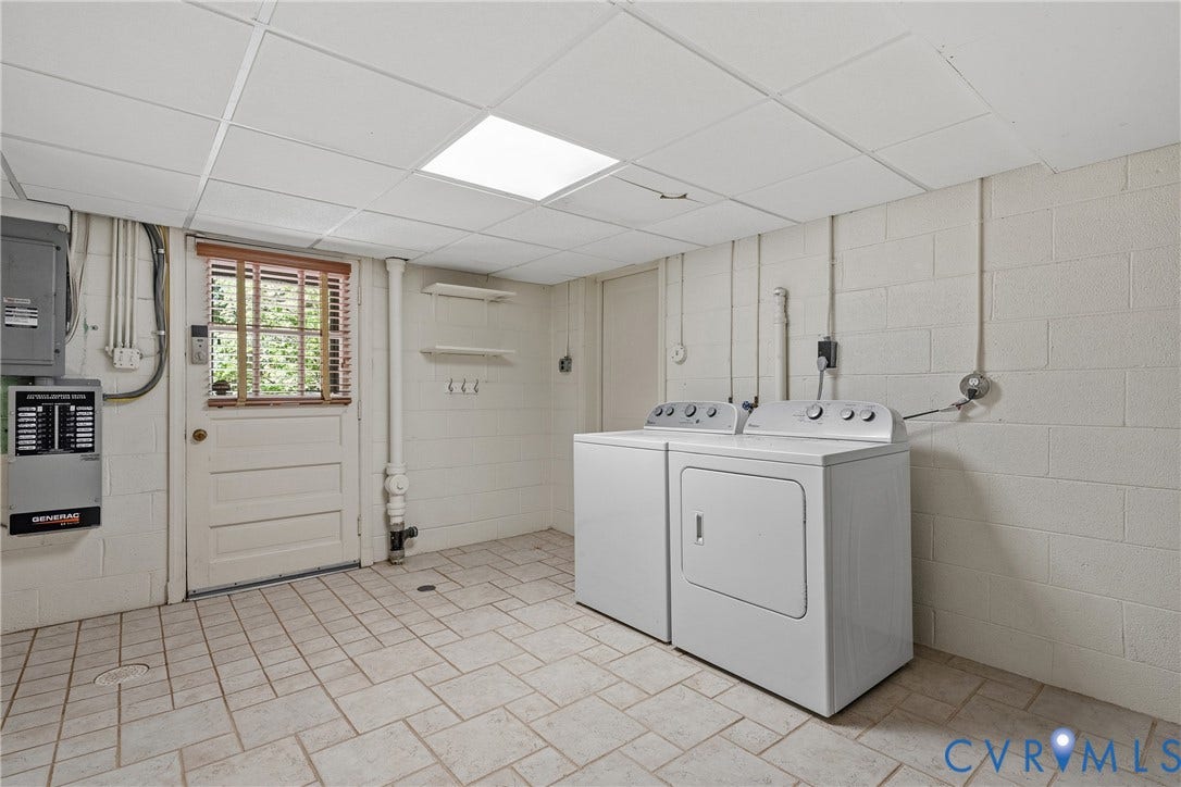 3700 Wakefield Road, Stratofrd Hills, Richmond, VA 23235 Utility area featuring ceramic tile flooring, painted masonry walls, a suspended ceiling, and a paneled exterior door with integrated window