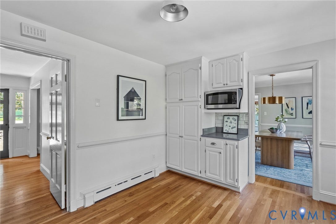 3700 Wakefield Road, Stratofrd Hills, Richmond, VA 23235 Built-in white cabinetry, integrated microwave, solid surface countertops, tile backsplash, and wood-finish flooring