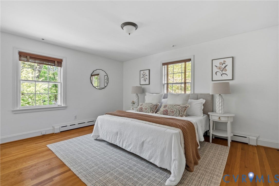 3700 Wakefield Road, Stratofrd Hills, Richmond, VA 23235 Room featuring wood-finish flooring, two multi-pane windows with horizontal blinds, and a central flush-mount ceiling light fixture