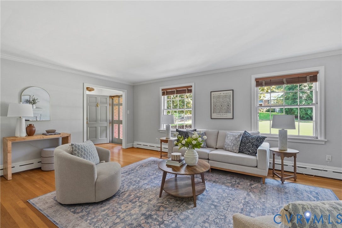 3700 Wakefield Road, Stratofrd Hills, Richmond, VA 23235 Living area featuring wood-finish flooring, multi-pane windows with trim casing, crown molding, and a paneled entry door