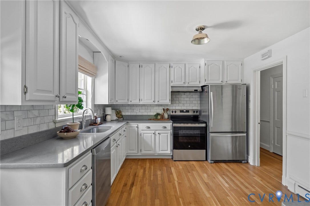 3700 Wakefield Road, Stratofrd Hills, Richmond, VA 23235 Kitchen featuring white cabinetry, solid-surface countertops, subway tile backsplash, stainless steel appliances, and wood-finish flooring