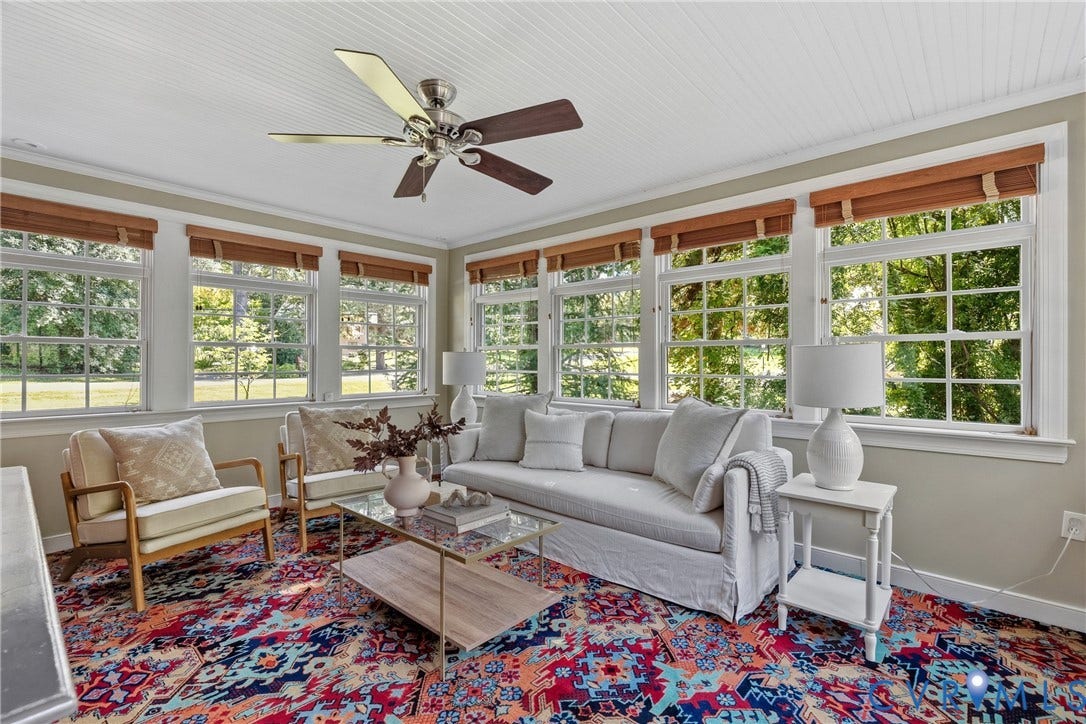 3700 Wakefield Road, Stratofrd Hills, Richmond, VA 23235 Sunroom featuring beadboard ceiling, multi-pane windows, and a central ceiling fan
