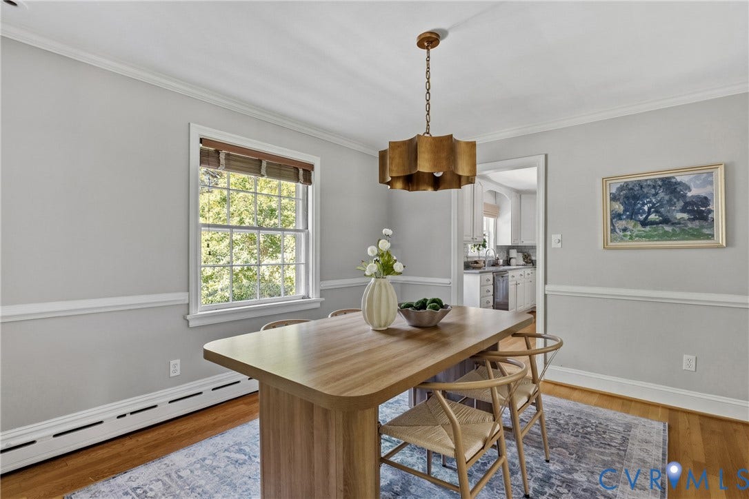 3700 Wakefield Road, Stratofrd Hills, Richmond, VA 23235 Dining area featuring hardwood flooring, chair rail molding, multi-pane window, and a metallic tiered pendant light fixture