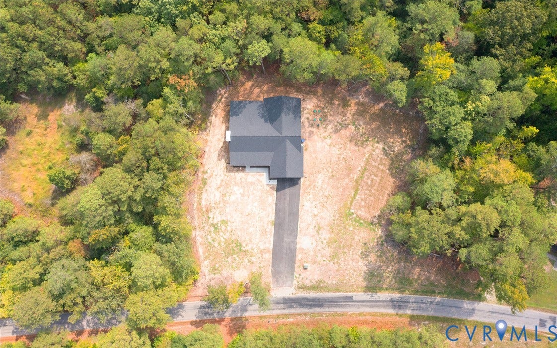 34356 Chinquapin Road, Waverly, VA 23890 Newly constructed residence with a dark shingle roof, extensive surrounding foliage, and a paved driveway leading to a roadside entrance