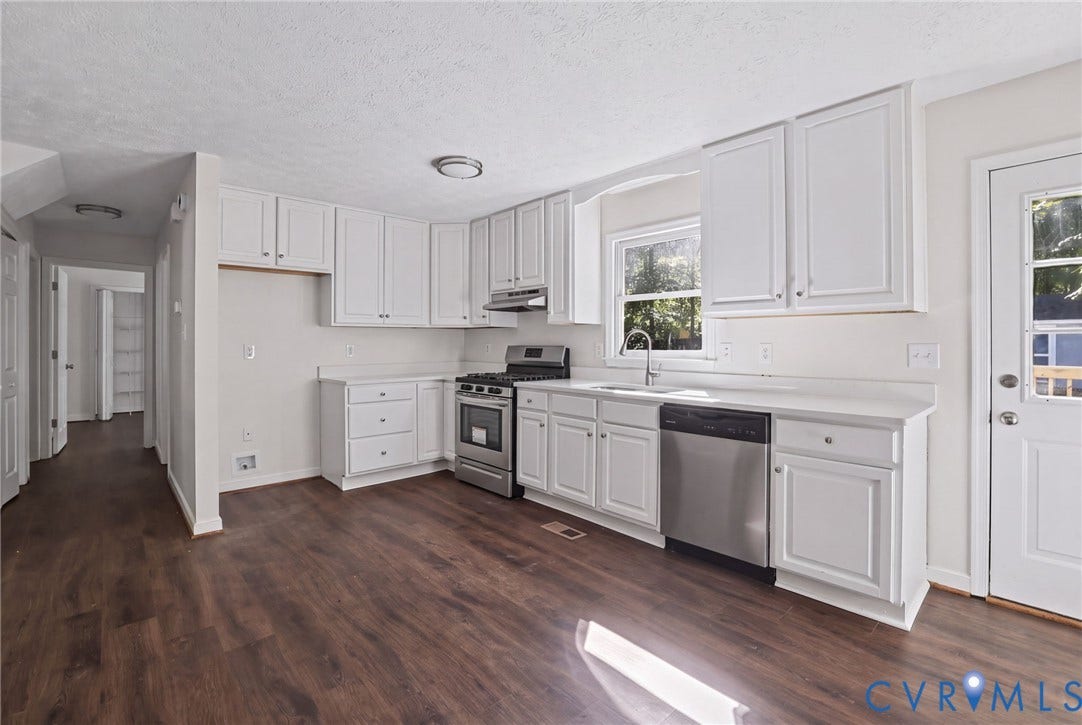 13811 Buck Rub Drive, Chesterfield, VA 23112 Kitchen featuring white cabinetry, stainless steel appliances, wood-finish flooring, and a rear exterior door