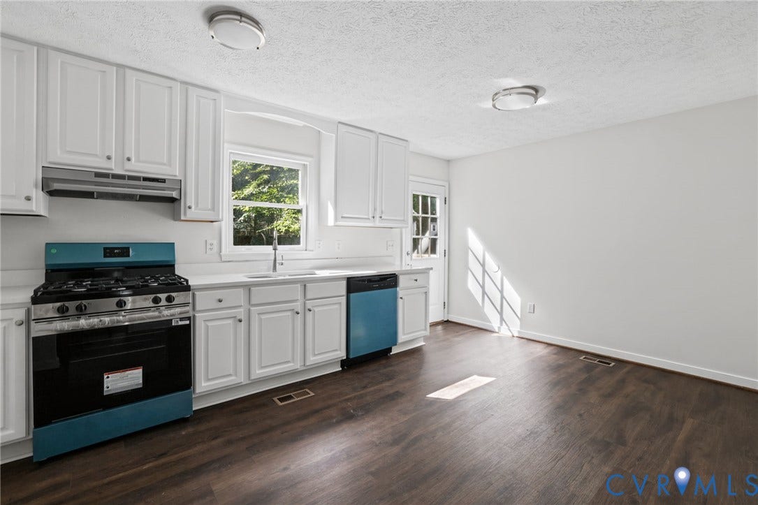 13811 Buck Rub Drive, Chesterfield, VA 23112 Kitchen featuring white cabinetry, wood-finish flooring, a stainless steel range hood, a kitchen sink with a faucet, and a paneled door