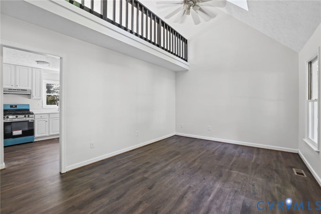 13811 Buck Rub Drive, Chesterfield, VA 23112 Vaulted ceiling with a ceiling fan, wood-finish flooring, and a second-story interior balcony