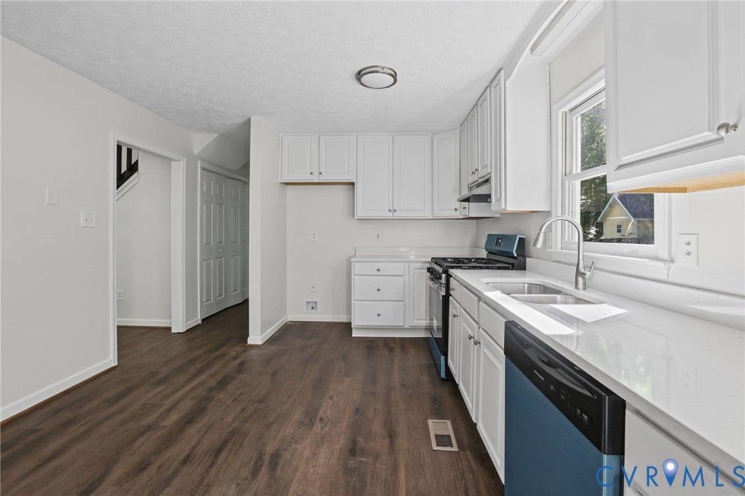 13811 Buck Rub Drive, Chesterfield, VA 23112 Kitchen featuring white cabinetry, light-toned countertops, a stainless steel sink with a gooseneck faucet, a four-burner gas range, and a dishwasher