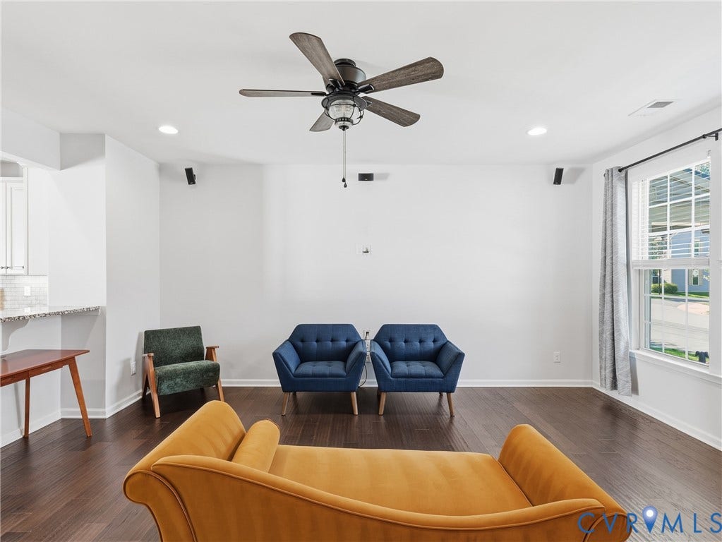 5612 Riverside Heights Way, Richmond, VA 23225 Open living area with updated ceiling fan and custom blinds, ideal for everyday comfort and entertaining at home.