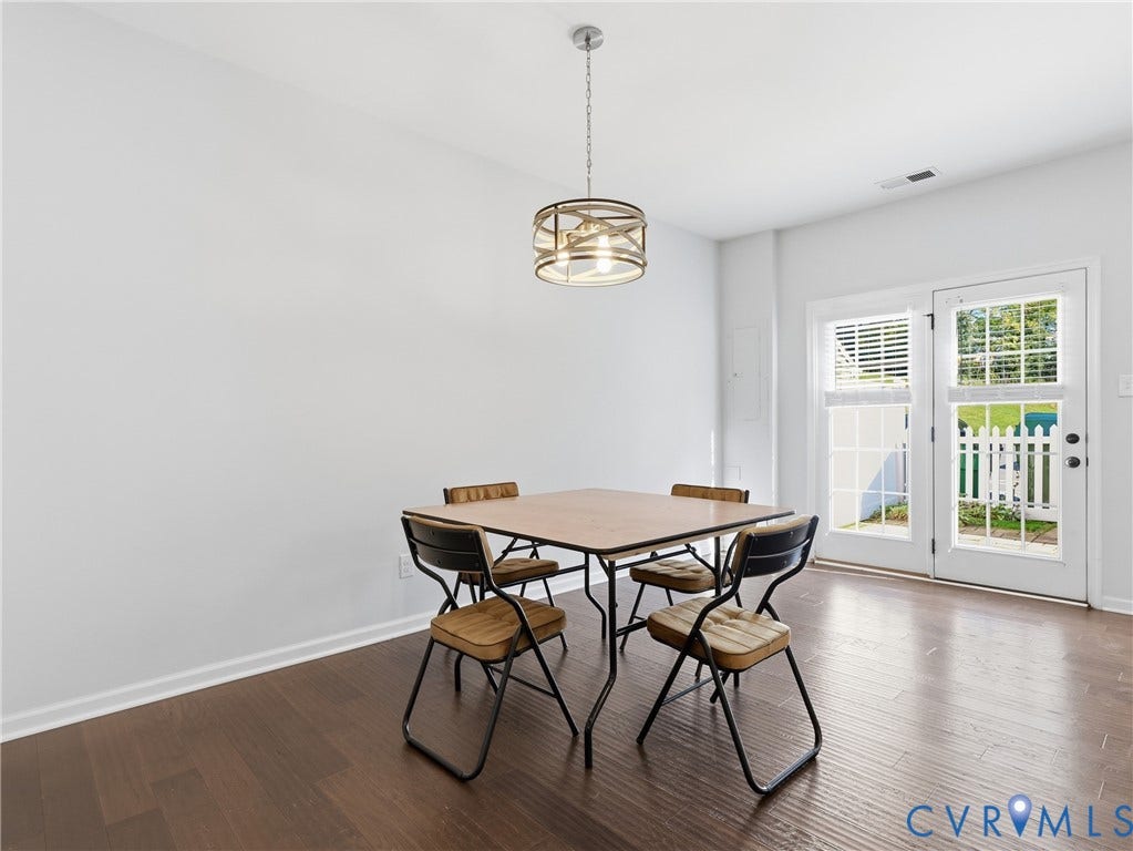 5612 Riverside Heights Way, Richmond, VA 23225 Sunlit dining area with hardwood flooring and direct access to the rear patio for indoor-outdoor dining and entertaining.