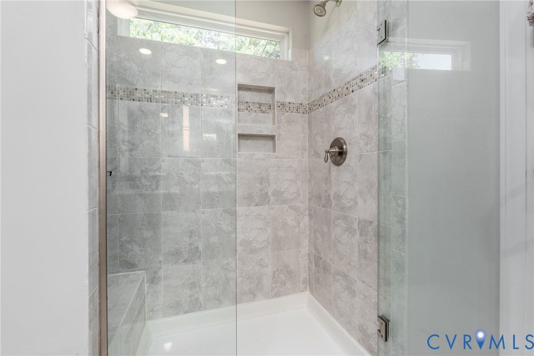 15412 Greenley Place, Hartridge At Harper's Mill, Chesterfield, VA 23832 Large walk-in tile shower with glass doors.