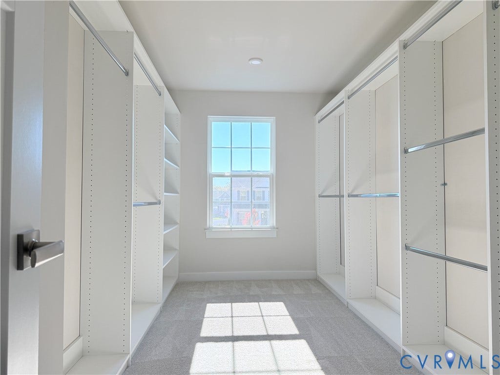 14225 Botsford Avenue, Wellspring, Chester, VA 23831 Custom walk-in closet featuring white built-in shelving, adjustable clothing rods, wall-to-wall carpeting, and a multi-pane window