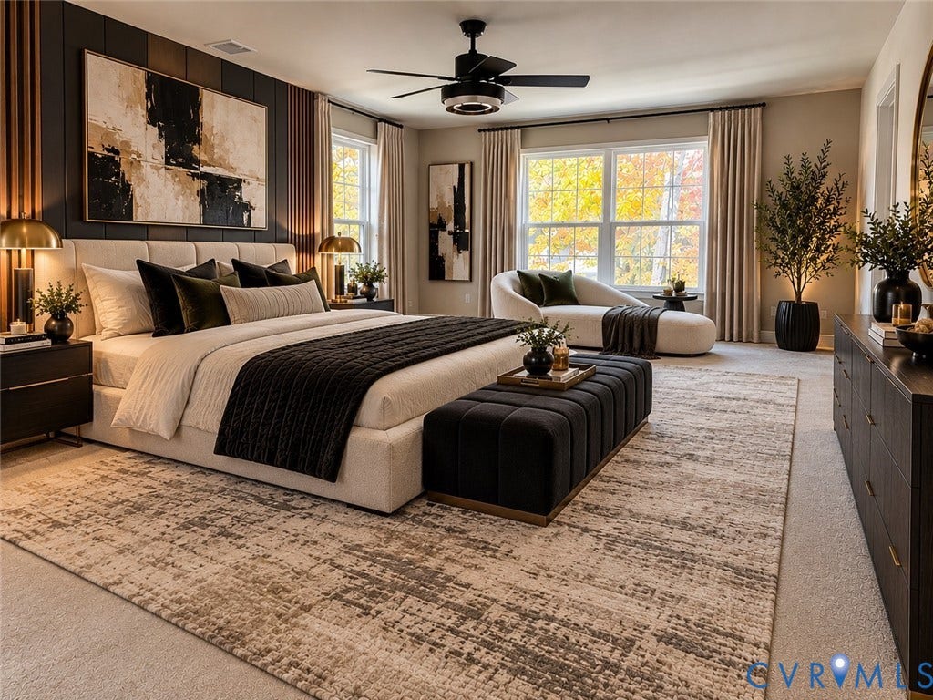 14225 Botsford Avenue, Wellspring, Chester, VA 23831 Virtually staged Bedroom featuring an accent wall with vertical paneled trim, dual large windows, and a matte black ceiling fan with integrated lighting