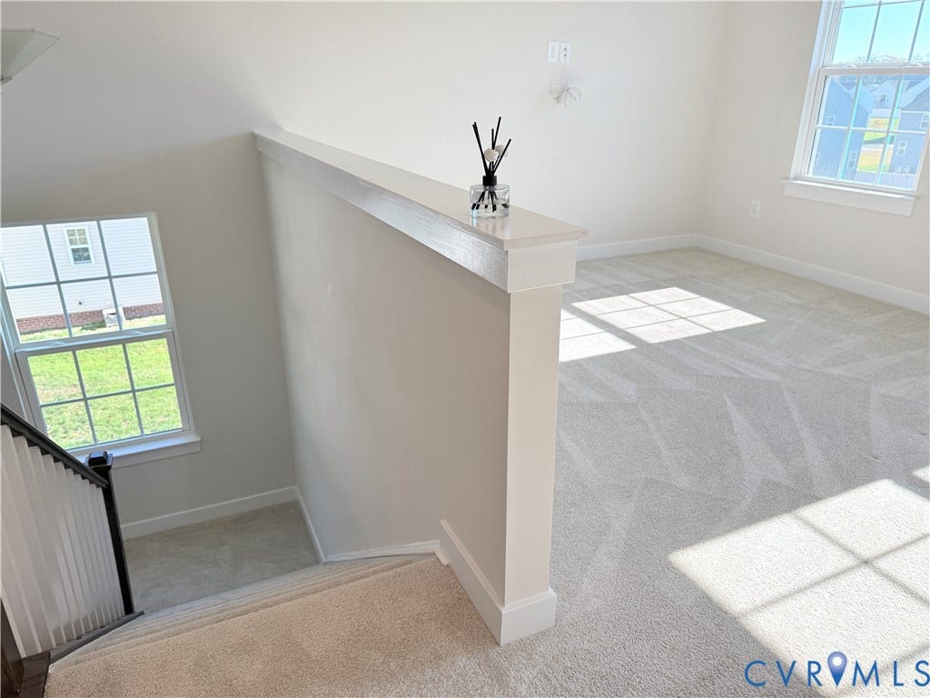 14225 Botsford Avenue, Wellspring, Chester, VA 23831 Neutral-toned wall-to-wall carpeting, multiple double-hung windows with grid detailing, and a painted pony wall with a white crown-molding cap