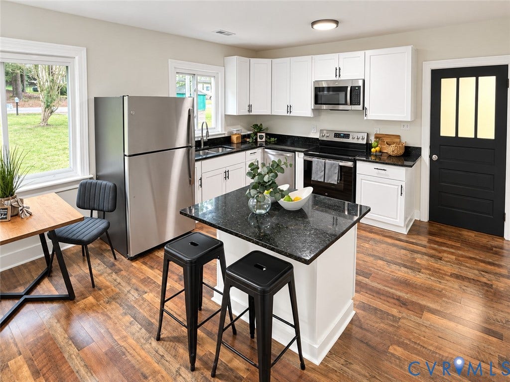 Kitchen featuring wood-finish flooring, white cabinetry, dark countertops, and stainless-steel appliances