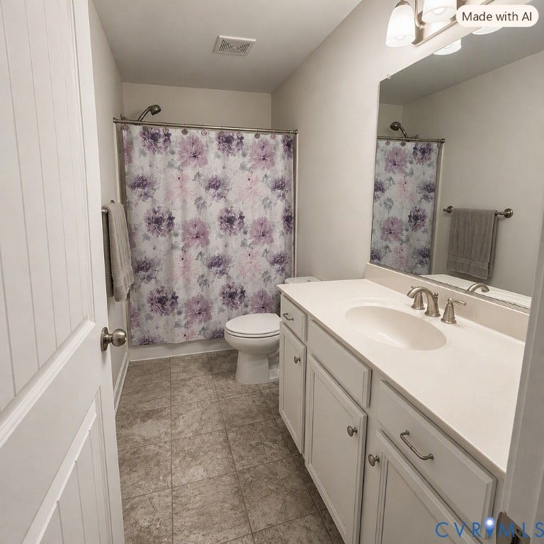 6722 Gibe Lane, Chesterfield, VA 23234 Full-width vanity with an integrated basin, neutral stone-finish countertop, white cabinetry with metallic hardware, large wall-mounted mirror, and tile flooring. This image has been digitally enhanced using AI for presentation, lighting and clarity.