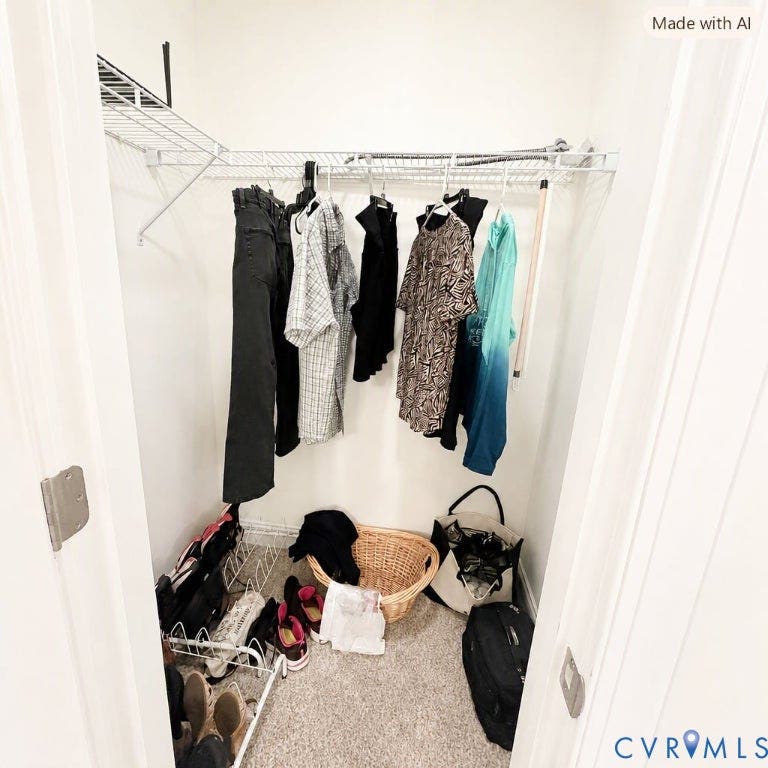6722 Gibe Lane, Chesterfield, VA 23234 Walk-in closet featuring wall-to-wall carpeting and white wire shelving. This image has been digitally enhanced using AI for presentation, lighting and clarity.
