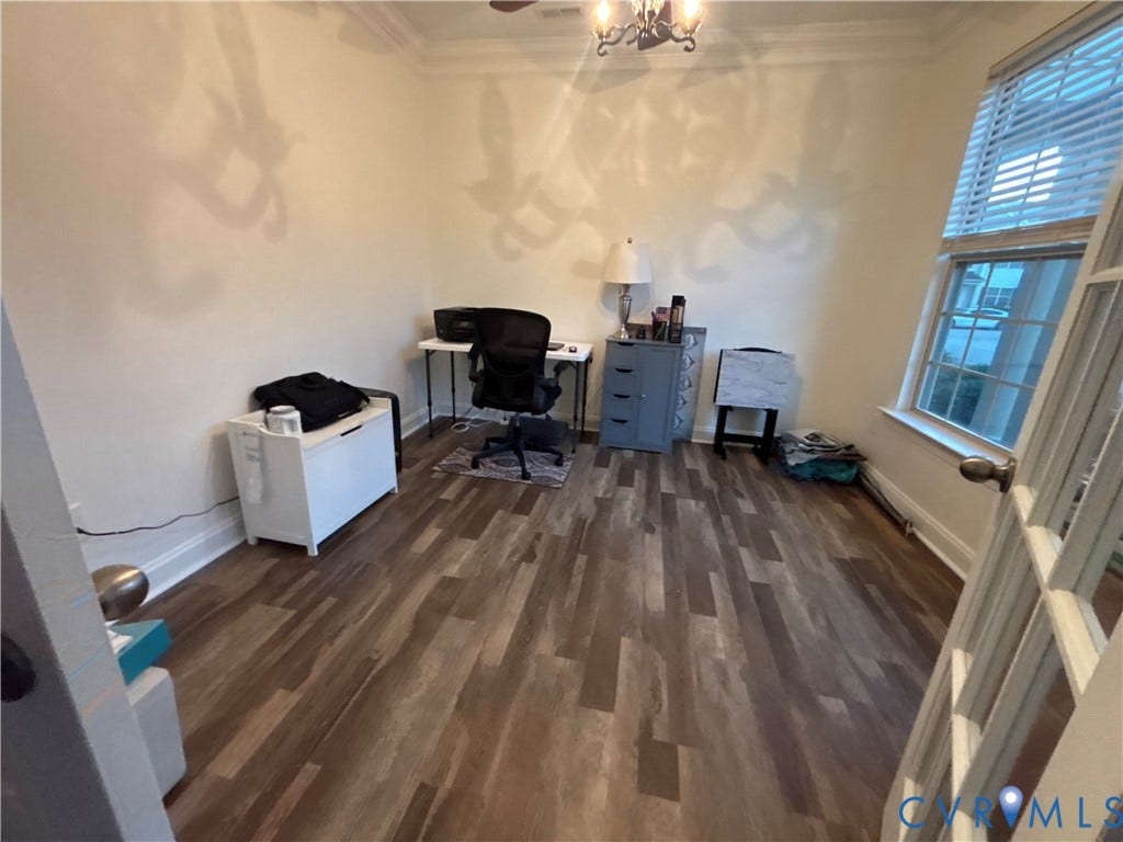 6722 Gibe Lane, Chesterfield, VA 23234 Room featuring wood-finish flooring, crown molding, multi-pane glass French doors, a multi-light chandelier, and a window with horizontal blinds